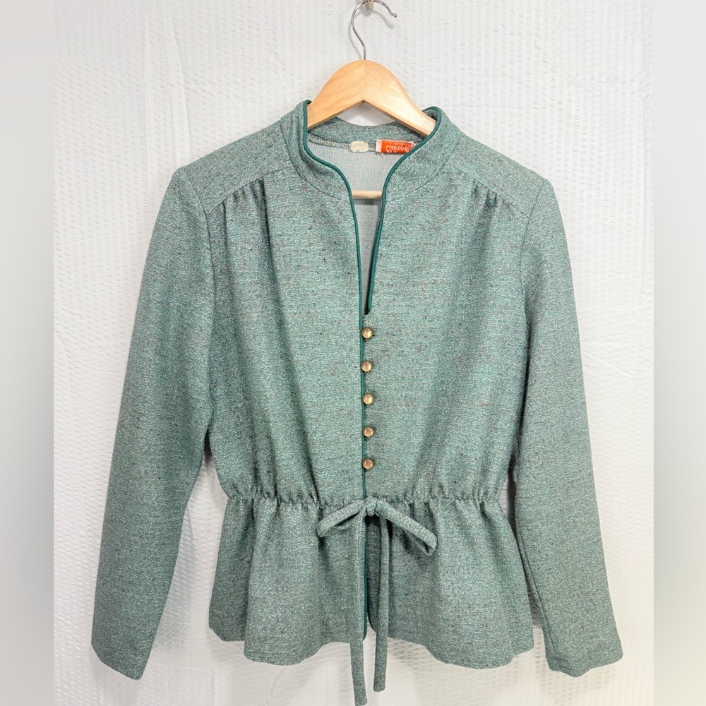 VTG 80s lady carol knit Green blazer, Tie Front Gold Buttons polished Sz Large